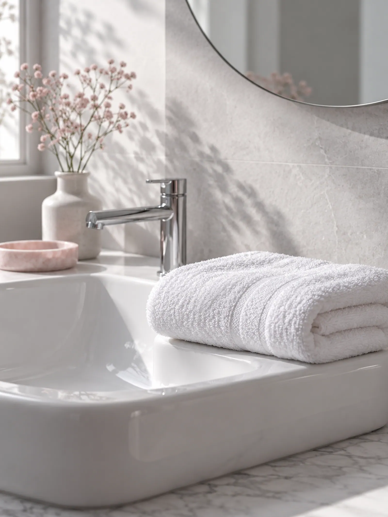 Biały ręcznik złożony na porcelanowej umywalce